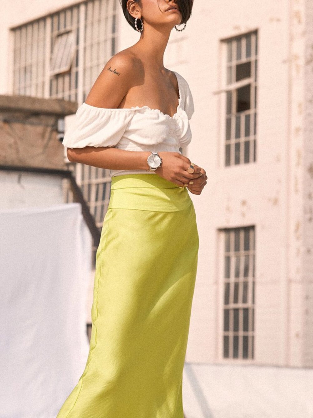 Topshop Normani bias satin skirt in chartreuse - Size 8